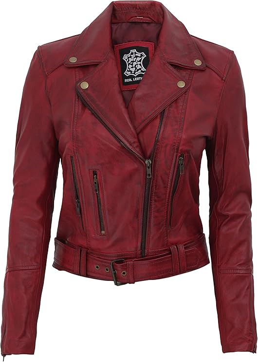 红色皮夹克女式真羊皮酒红色摩托车夹克